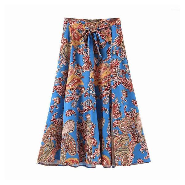 

women retro paisley print skirt elastic high waist sashes a line female casual blue ankle length skirts chic faldas mujer1, Black