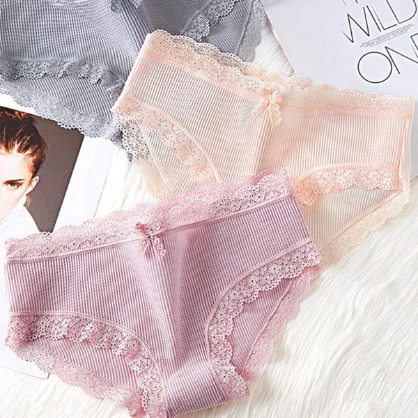 

women lingerie non-trace underpants briefs cotton laces solid brifs mid waist girls panties breathable underwear1, Black;pink