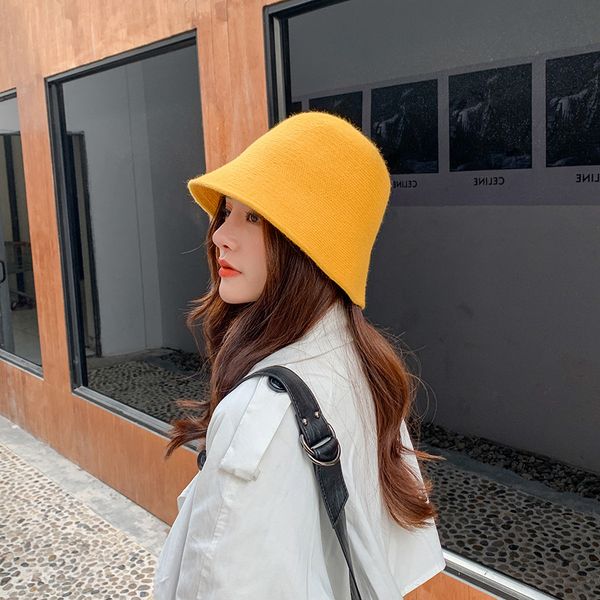 

japanese age-reducing art style fisherman hat female solid color wild knitted bucket hat korean version of simple casual hat tide, Yellow