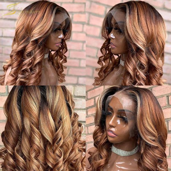 

lace wigs 13x4 honey blonde front wig loose wave ombre highlight 4x4 closure human hair for black women preplucked full, Black;brown