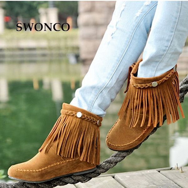 

swonco women's shoes ankle boots plus size 34-45 fashion tassel autumn winter boot ankle boots for women female shoes woman boot t20042, Black