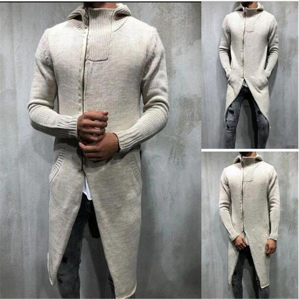 

2021 fashion stylist style men's cotton pure color zipper hooded cardigan sweater retro nostalgia casual long knitting coat, White;black