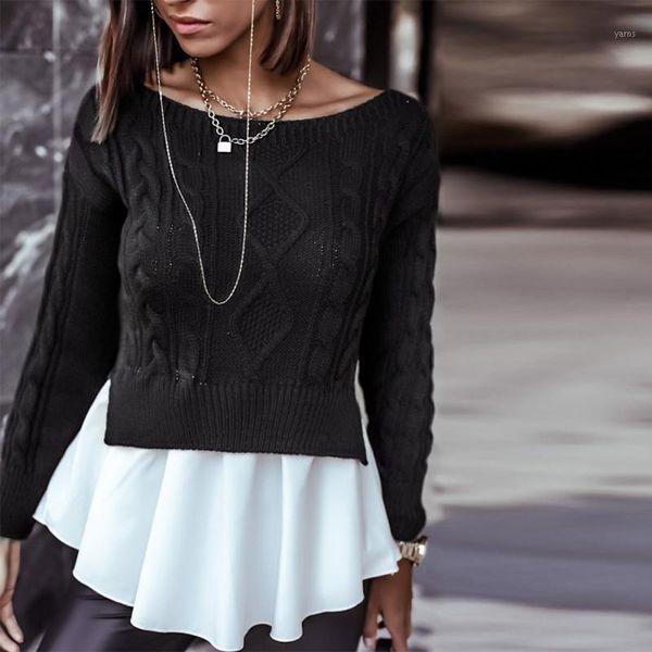 

knitted sweater women jumpers long sleeve o-neck woman pullovers sweater 2020 autumn stitching ruffled casual1, White;black