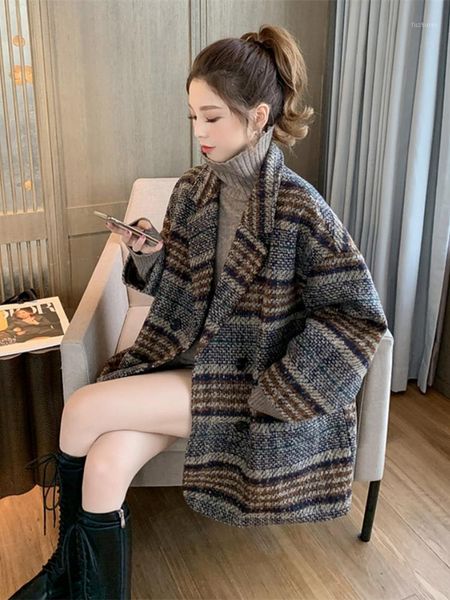 

plaid coat for women autumn / winter 2021 new korean loose and versatile medium length heavy woolen coat1, Gray