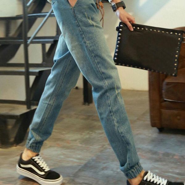 

men's jeans jogger pants men denim drawstring sweatpants long slim trouser casual jean 1, Blue