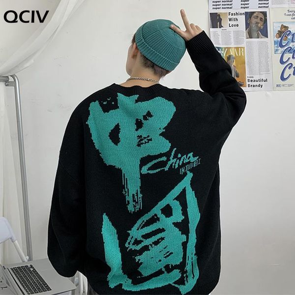 

men's sweaters personality trend: fashion in chaogang, the wind is over fire, ruffian round neck sweater, male loose autumn t-shirt man, White;black