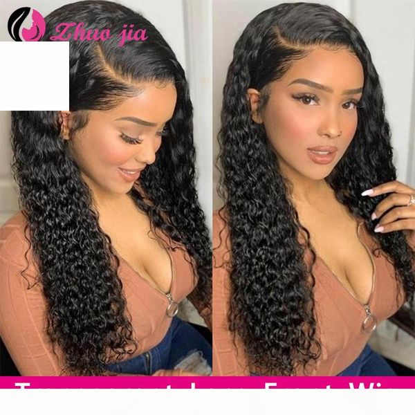 

zhuo jia curly lace front human hair wig water wave wig 13x4 lace front deep curly wig remy brazilian, Black