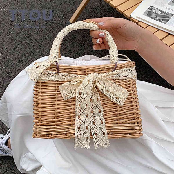 

shopping bags casual summer rattan beach square for women large capacity shoulder luxury bow designer female travel handbags 220310