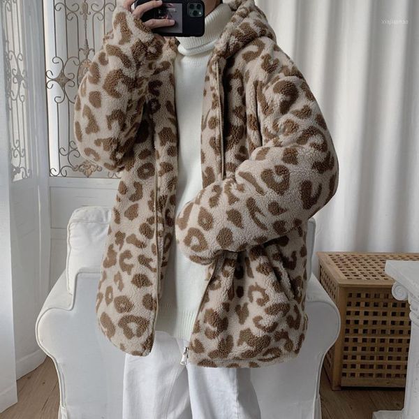 

winter thick leopard coat men's warmth fashion retro casual lamb fur hooded jacket men wild loose korean short coat mens clothes1, Black