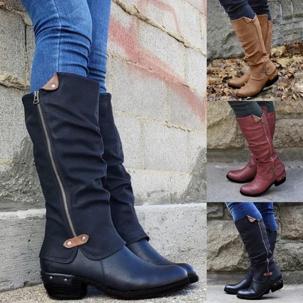 

boots women's zipper rider block heel mid calf comfy bopts ladies shoes riding d30, Black