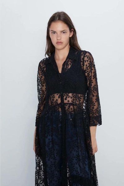 

casual dresses 2021 spring summer european lace embroidery zaraing women shirt dress sheining vadiming female black plus xdn9450, Black;gray