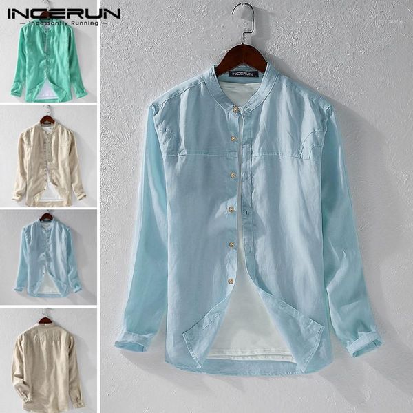 

men's casual shirts incerun man long sleeve solid color cotton shirt men stand collar breathable blouse chic style loose camisa1, White;black