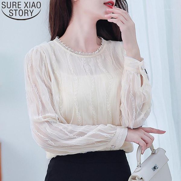 

2021 new korean elegant chiffon shirts office lady mesh lace long sleeve women blouse women solid pullover female 109321, White