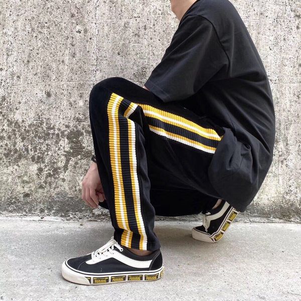 

20ss new palm velvet side yellow knitting belt leisure sports pants, Black