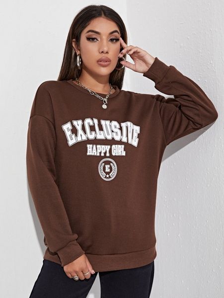 

letter & plant print drop shoulder pullover s6up#, White;black