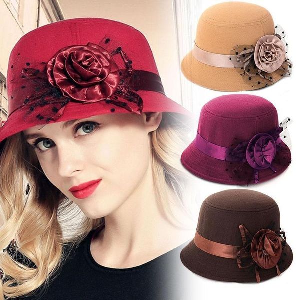 

fedora hat women bucket cap vintage imitation woolen flower bowler hats wide brim elegant autumn winter warm soft fedora hat, Blue;gray