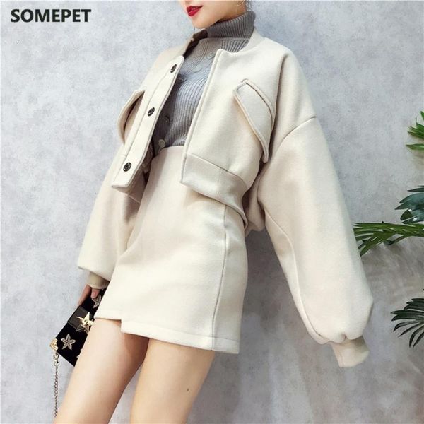 

bat sleeve woolen short loose autumn spring jacket with skirt women high waist irregular streetwear coat female cloak tunic, Black;brown