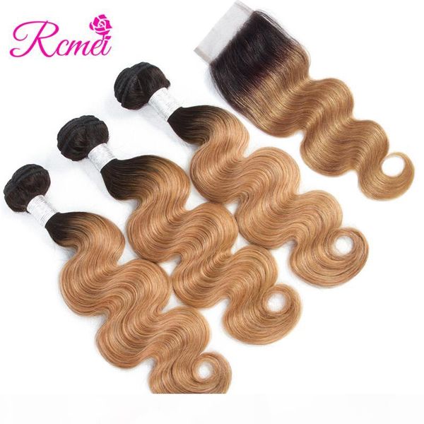 

rcmei brazilian pre-colored human hair weave 3 bundles body wave ombre body wave hair with middle three prat lace closure 1b 27, Black;brown