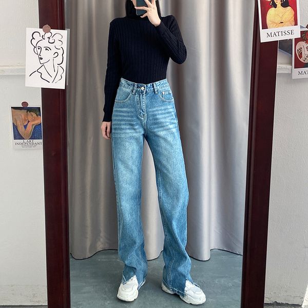 

spring 2021 new high waist slim high split loose straight jeans, Blue