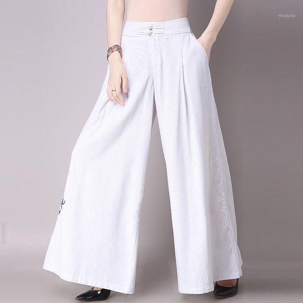 

women casual pants summer autumn high waist wide leg pants vintage floral embroidery trousers female loose pantalon1, Black;white
