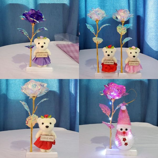 

led gold foil plated rose with bear snowman luminous rose flower shock light golden rose wedding valentine's day christmas g 69 g2