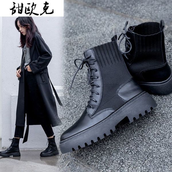 

2020 martin boots for women shoes female british style stretch fabric plat platform ankle boots motorcycle boots, Black