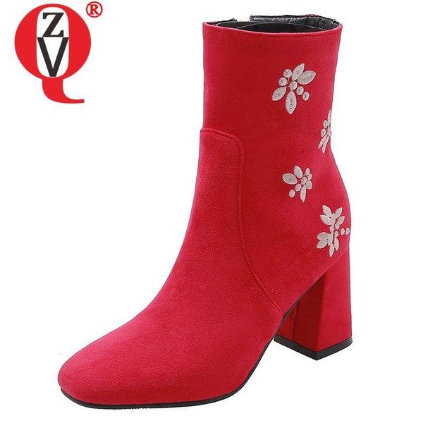 

boots zvq fashion woman's shoes flower pattern winter autumn wedding ankle flock black red zipper 7cm high heels office booties
