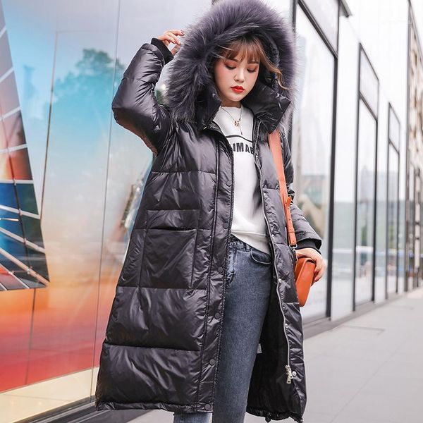 

women white duck down jacket black loose faux fur collar thick long winter coat female oversize padded windproof snow down coat1