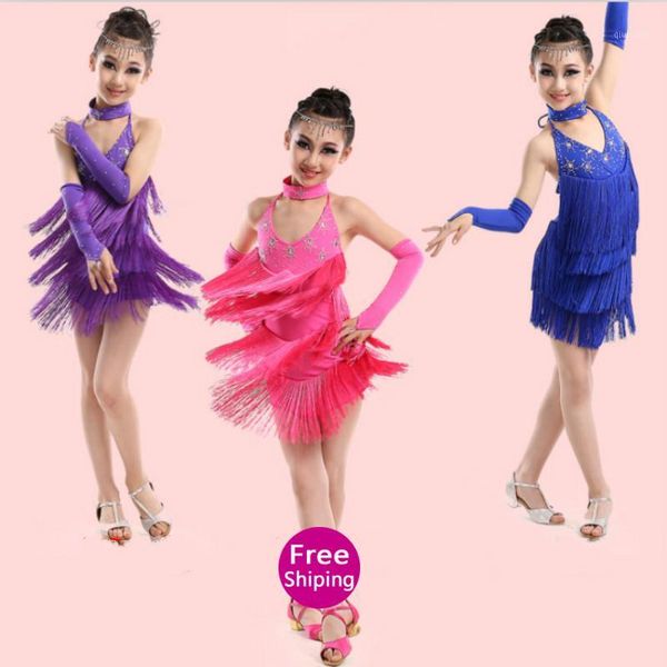 

latin dress kids fringe ballroom tango samba salsa dance competition dresses dance wear latin dress for girls1, Black;red