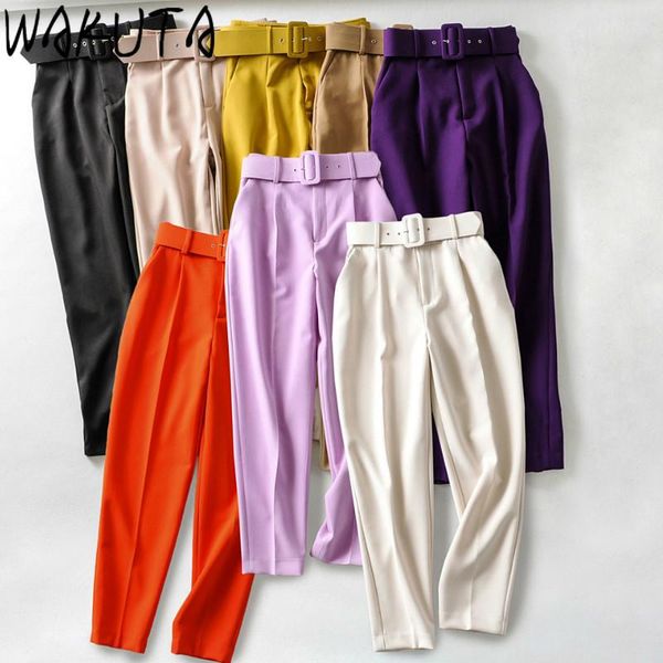 

women's pants & capris wakuta women fashion 2021 solid sashes casual slim chic business trousers female fake zipper pantalones mujer pl, Black;white