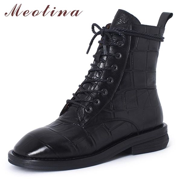 

boots meotina winter ankle women natural genuine leather chunky heel short sheepskin round toe shoes female autumn size 40, Black