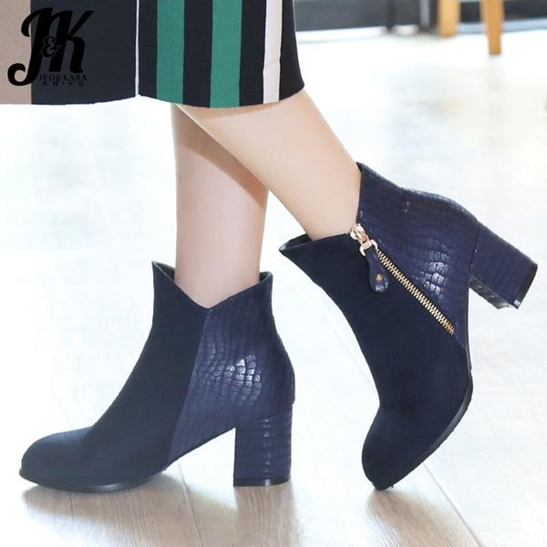 

jk emboss pu high heels thick boots women round toe boot ladies zip flock shoes female party shoes winter 2020 new blue, Black