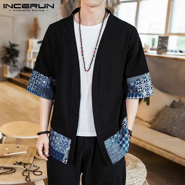 

5xl men's jackets coats kimomo patchwork ethnic style floral printed cotton linen open front 2021 autumn retro male clothes, Black;brown