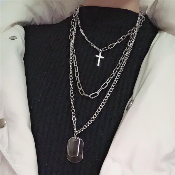 

cross square pendant metal multilayer long chain necklace hip hop geometric couple necklace for women men jewelry gifts, Silver