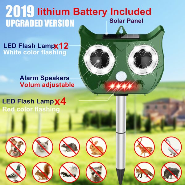 2019 Новый солнечный ультразвуковой репеллер на животных включает в себя литиевую батарею 1500 мАч, водонепроницаемый Pest Reppell Snake Cat Dog Bird Sprewer Y200106