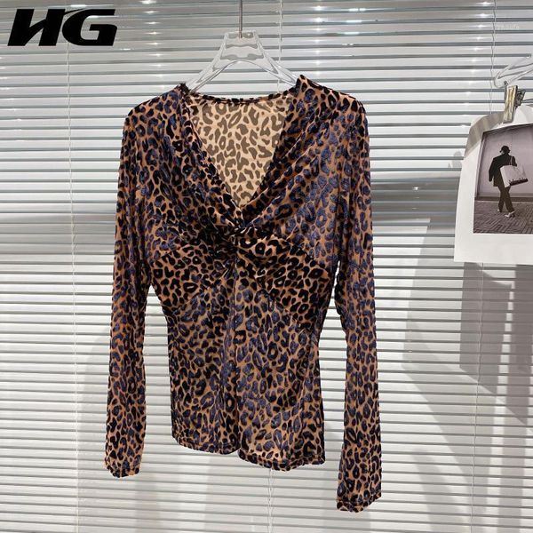 

hg leopard print pattern t shirt women 2020 winter casual fashion new style temperament all match v neck women clothes zy30371, White