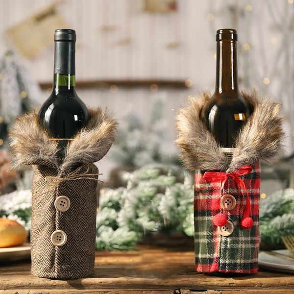 

plush wine plaid bags button bottle cover christmas gift bag home decoration hha807