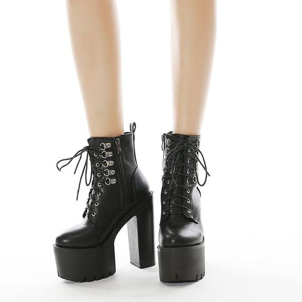 

women's chunky platform ankle boots big size 42 woman gothic high heels women black lace up shoes ladies female zip pumps