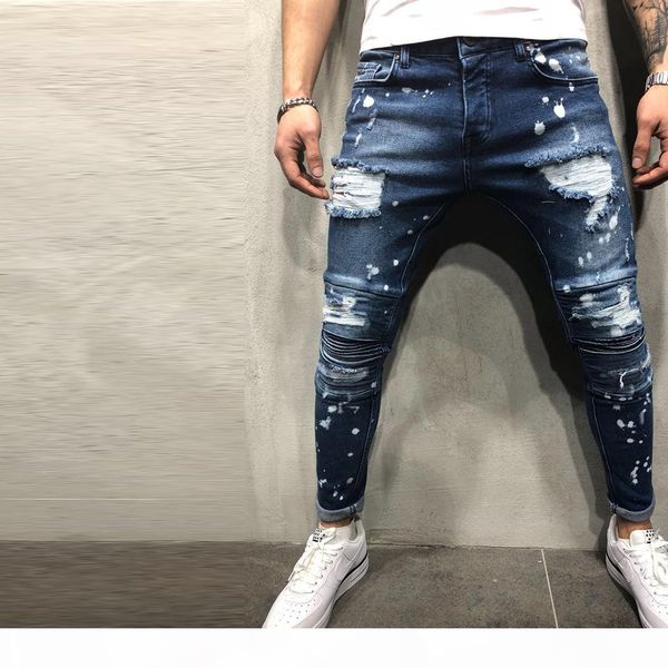 

blue damaged skinny fit denim jeans street mode jeans motorcycle biker jean causal hole denim pants streetwear mens jeans