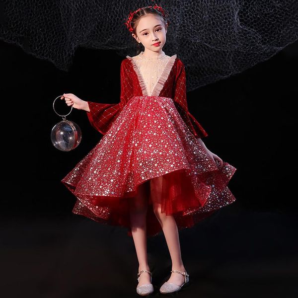 

flower girl dresses illusion burgundy vintage princess sequined ball gown pearls beading o-neck lace tulle kids party dress h017, Red;yellow