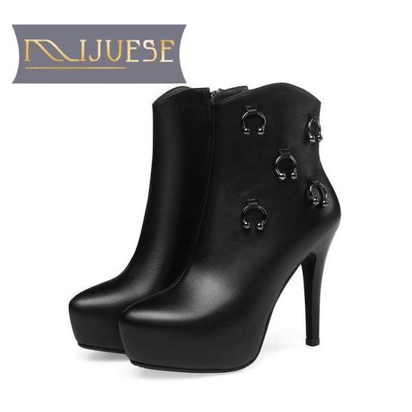 

mljuese 2020 women soft ankle boots cow leather autumn spring metal decoration platform zippers high heels boots, Black