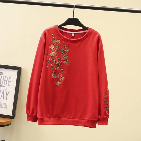 

pullover o-neck embroidery cotton women loose sweatshirts 2020 new plus size spring autumn red hoodies female oversize1, Black