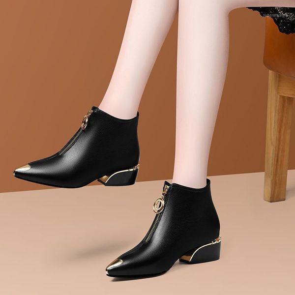 

brand plus velvet short boots women autumn and winter 4cm high heels 2021 new metal pointed ankle boots thick heel1, Black
