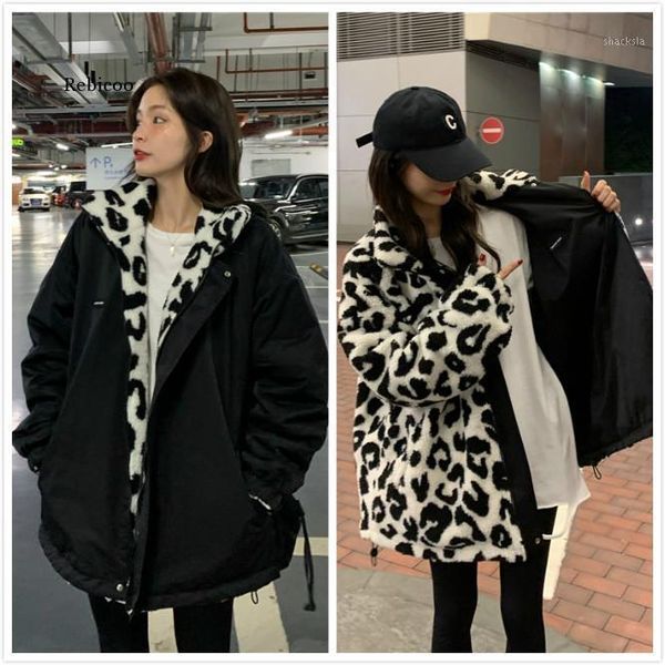 

faux fur double side warm winter women jacket plus size fuzzy cute jackets milk cow leopard print turn-down collar coat overcoat1, Black