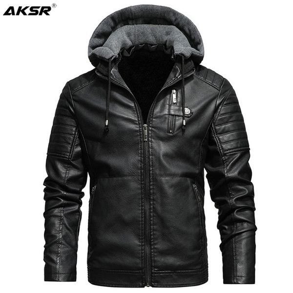 

men's fleece liner pu leather jackets coats with hood autumn winter casual motorcycle jacket for men windbreaker biker jackets 201223, Black