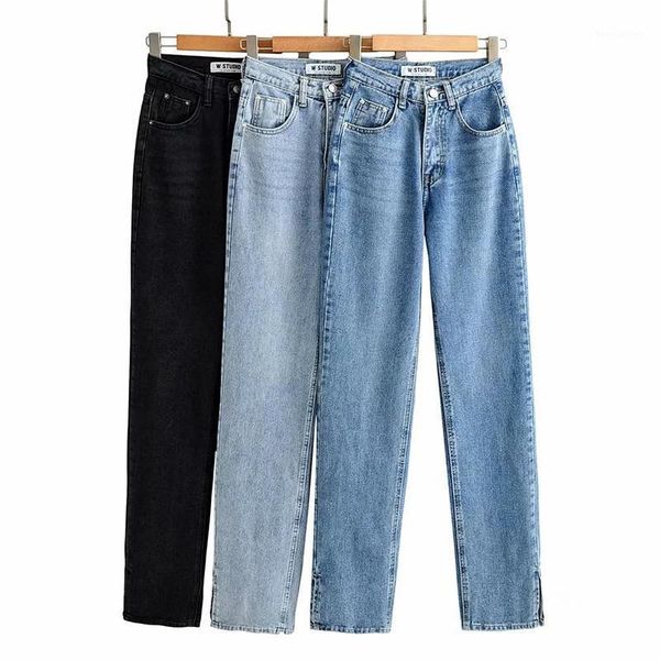 

women's pocket jeans fashion zipper buttoned belt 2020 autumn high-waist side slits slim straight-leg pants1, Blue