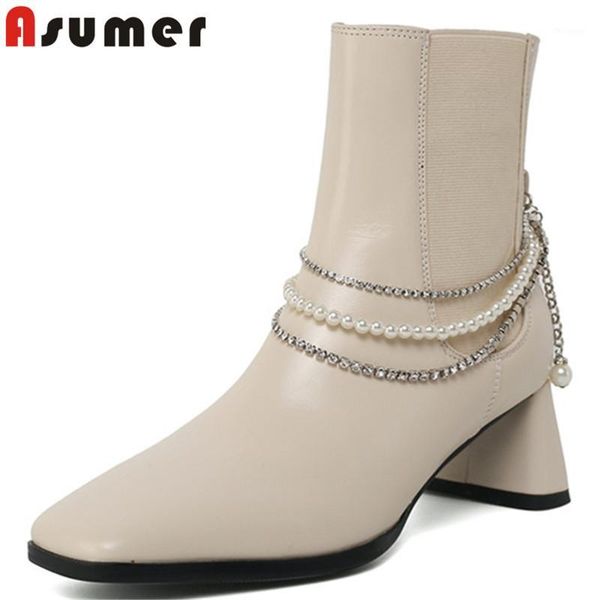 

asumer 2020 genuine leather shoes ladies high heel boots square toe chain pearl autumn winter ankle boots women1, Black