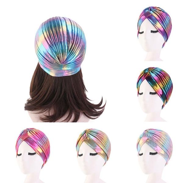 

beanie/skull caps colorful women laser silky ruffle metallic turban hair cover accessories bonnet salon hat headwrap, Blue;gray