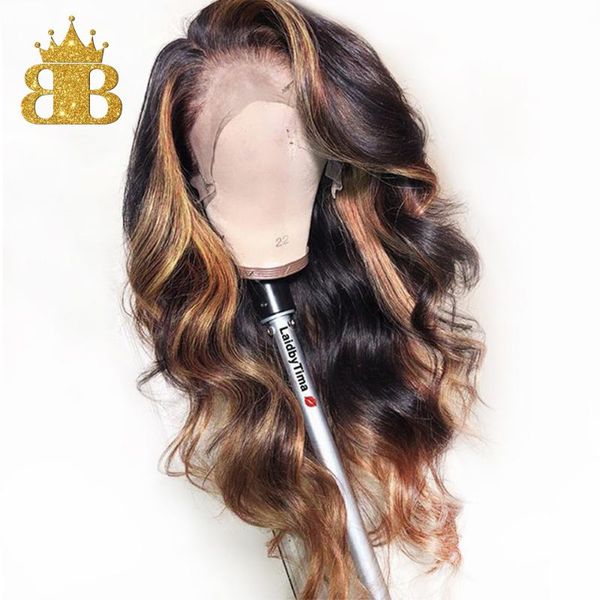 

13*4 ombre color loose wave wig honey blond highlight lace front human hair wigs women remy brazilian invisible pre plucked 130%, Black;brown