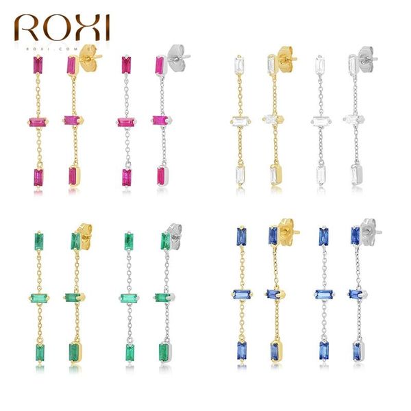 

stud roxi ins colorful stone long chian earrings for women jewelry piercing 925 sterling silver pendientes earings gift, Golden;silver